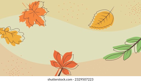 Abstract autumn background with different autumn leaves. Outlines and colored elements for design decorative in the autumn festival, header, banner, web, wall decoration, cards. Vector illustration.