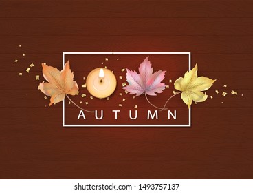 Abstract autumn background with fallen maple leaves and candle. Vector fall illustration on wooden background