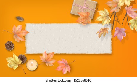 Abstract autumn background with fallen maple leaves, a sheet of watercolor paper with torn edges and candle. Vector fall illustration