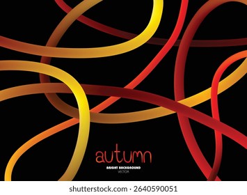 Abstract autumn background with gradient lines. Vibrant 3D vector waves and swirls on black background. Rainbow ribbons and wavy graphic elements with place for text. Modern template design.	
