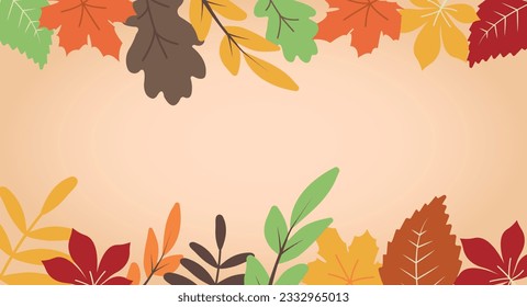 Resumen del fondo otoñal con hojas otoñales. Elementos coloreados para el diseño decorativo en el festival de otoño, cabecera, banner, web, decoración de pared, tarjetas. Ilustración de fondo del vector.