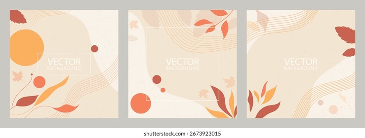Abstract Autumn Background Set with Minimalist Leaves and Organic Shapes. Elegant Seasonal Vector Templates in Warm Orange and Beige Tones for Social Media, Posters, Banners, Invitations.