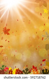 Abstract autumn background with sun beams, autumn leaves and blurred bokeh - place for your text. Vector illustration.