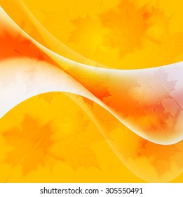 Abstract autumn background with waves and maple leaves. Vector design