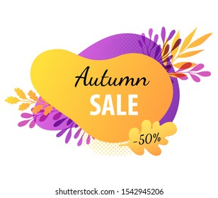 Abstract autumn banner for seasonal sale. Orange and violet fall background with decorative branches. Vector illustration