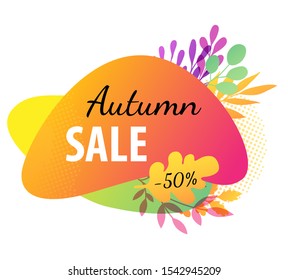 Abstract autumn banner for seasonal sale. Red and orange fall background with decorative branches and oak leaf. Vector illustration