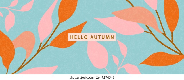 Abstract autumn branches with pink and orange leaves on a blue textured background, for a modern seasonal banner, vector illustration.
