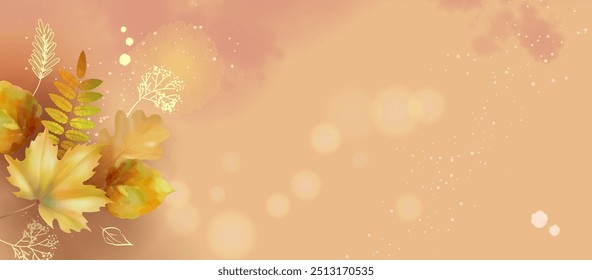 Abstract autumn collage. Watercolor banner with maple leaves, paint stains and drawn plants