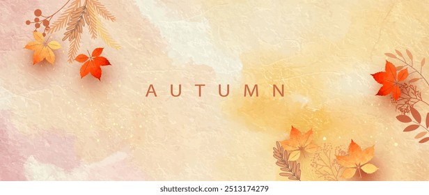 Abstract autumn collage. Watercolor banner with maple leaves, paint stains and drawn plants