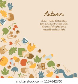 Abstract autumn colorful decorative template with text and seasonal icons on light background vector illustration