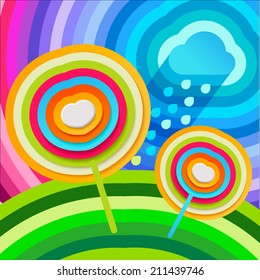 Abstract autumn composition from a rainbow of colors.Clouds and rain and the sun peeking from behind the clouds. Separate layers with color.Caption separately from drawing. Vector.Flat background 