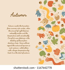 Abstract autumn decorative background with text and traditional seasonal elements and icons vector illustration