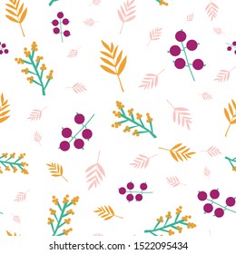 Abstract autumn doodle berries and leaves seamless vector pattern purple orange pink. Flowers and leaves repeating background in fall colors. For surface design, fabric, Thanksgiving, home decor