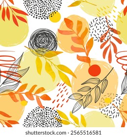 Abstract autumn floral seamless pattern with doodle shapes and watercolor branches
