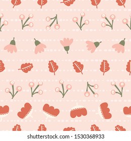 Abstract autumn flowers and leaves in rows seamless vector doodle pattern pink orange red green. Stylized nature repeating pattern in fall colors. Flat Scandinavian style. For fabric, wallpaper, decor