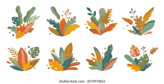 Abstract autumn foliage collection. Botanical futuristic elements isolated on a white background. Vector illustrations in flat style. Branches, leaves and berries.