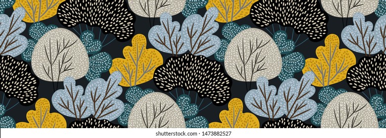 Abstract autumn forest on dark background. Vector seamless pattern with deciduous trees in hand drawn style. Colorful creative print, natural border, Wallpaper, fabric. Original modern vintage design.