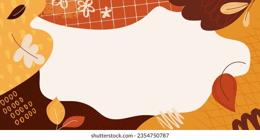 Abstract autumn frame design with geometric pattern and background for text. Modern border with doodle shapes, lines and leaves. Flat vector illustration