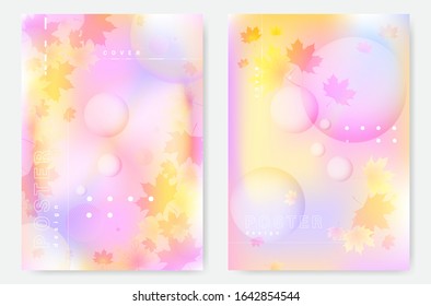 Abstract autumn gradient gold yellow orange bright background texture with leaves and bokeh circles.