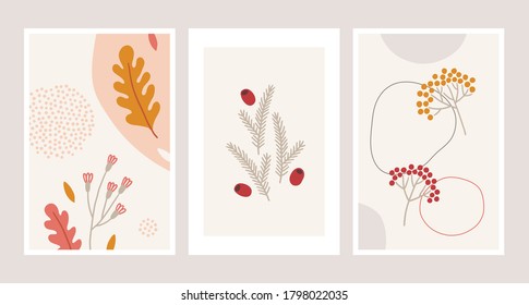 Abstract autumn greeting cards with leaves, flower, berry, fir branches, liquid shape, yew, dots on light background. Perfect for seasonal holidays. Scandinavian design posters. Vector illustration