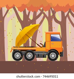 Abstract autumn illustration, car rides along the road, Safety umbrella, vector