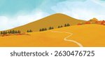 Abstract autumn landscape background vector. Panorama view wallpaper in minimal design with mountain, sky, field. Illustration for print, interior, wall art, decoration, cover, banner.