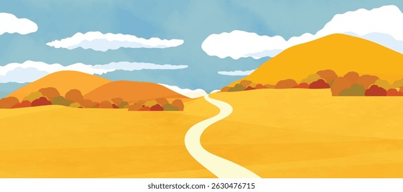 Abstract autumn landscape background vector. Panorama view wallpaper in minimal design with mountain, sky, field. Illustration for print, interior, wall art, decoration, cover, banner.
