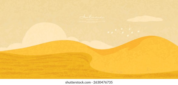 Vetor de fundo paisagem outono abstrato. Panorama ver papel de parede em design mínimo com montanha, céu, campo, pássaro. Ilustração para impressão, interior, arte de parede, decoração, capa, banner.