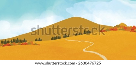 Abstract autumn landscape background vector. Panorama view wallpaper in minimal design with mountain, sky, field. Illustration for print, interior, wall art, decoration, cover, banner.