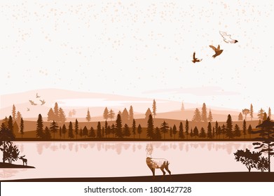 Abstract Autumn landscape. Forest animals, hills of coniferous wood with misty fog mountains range, lake, river silhouette template. Editable vector illustration.