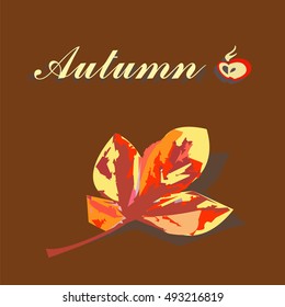 Abstract autumn leaf and apple on dark brown background with text. Natural logo