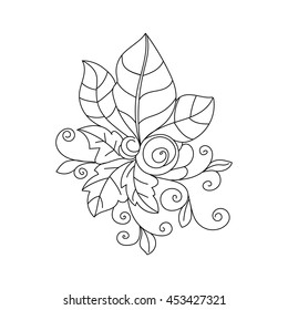 Abstract autumn leaf. Decorative vector design element. Black and white monochrome background. Hand drawn Zentangle book coloring page