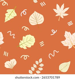 abstract autumn leaf pattern in soft pastel color, whimsical fall leaves abstract design - seamless vector with yellow, orange, green foliage on warm blush, coral, sky, lilac, mint background