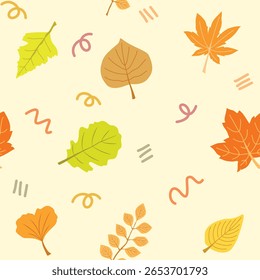 abstract autumn leaf pattern in soft pastel color, whimsical fall leaves abstract design - seamless vector with yellow, orange, green foliage on warm blush, coral, sky, lilac, mint background