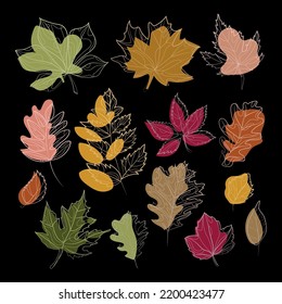 Abstract autumn leafing modern liner botanical set vector illustration on black . Colorful Foliage, plant elements bundle hand drawn. Different leaves fall.Trendy stylized nature botany decoration