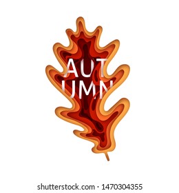 Abstract autumn leaflet on white backdrop. Label oak tree silhouette, Colorful carving art. Vector Illustration isolated white background.