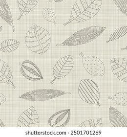 Hojas Abstractas de otoño hechas en Vector. Patrón sin fisuras. Diseño de estilo de línea. Idea perfecta para el fondo de otoño. Textura de lino.