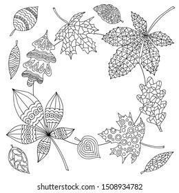Abstract autumn leaves frame with patterns, coloring page for kids and adults