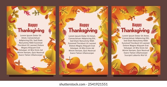 Abstract Autumn Leaves and Liquid Art Thanksgiving Card Designd. print size set of thansgiving card template concept. liquid abstract background with autumn leaves vector illustration