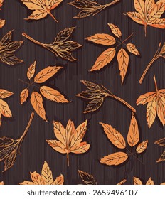 Abstractas Patrón De Hojas De Otoño Sobre Un Fondo De Madera Oscura, Ideal Para Diseños De Temporada.