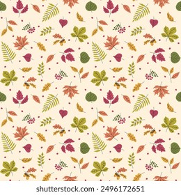 Abstract Autumn leaves seamless pattern. Falling leaf sesonal foliage background. Cozy Autumn forest texture for textile, cover, packaging. Vector illustration