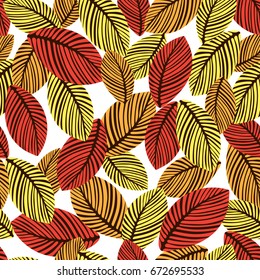 Abstract autumn leaves seamless pattern, vector background. Hand-drawn leaves on a white background. For fabric design, wallpaper, wrappers, decorating