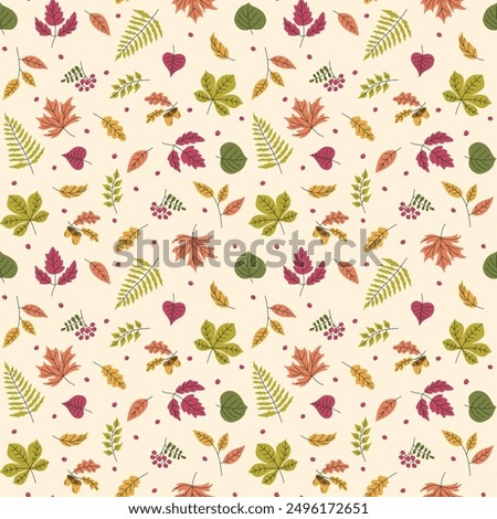 Abstract Autumn leaves seamless pattern. Falling leaf sesonal foliage background. Cozy Autumn forest texture for textile, cover, packaging. Vector illustration