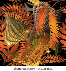 Abstract autumn leaves vector seamless pattern. Colorful shiny ornamental palm leaves background. Repeat glowing floral backdrop. Abstract geometric shapes, shine stars. Orange autumn leaves ornament