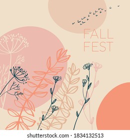 Abstract autumn nature element with dry plants and birds. Cosy elegant style composition for card, header, invitation, poster, social media, post publication.
