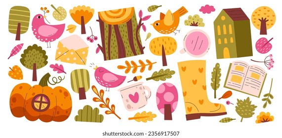 Abstract autumn objects, natural items, fairytale pumpkin house, footwear and book vector illustration. Isolated set of fall leaves, mail envelop, coffee or tea cup, trees, birds and berries