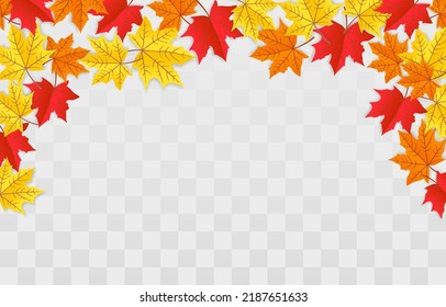 Abstract autumn panorama with colorful leaves on transparent background. Yellow foliage collection. Vector Illustration. Fall flying leaves png, autumn nature vector design elements for decoration.