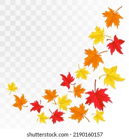 Abstract autumn panorama with colorful leaves on transparent background. Yellow foliage collection. Vector Illustration. Fall flying leaves png, autumn nature vector design elements for decoration.