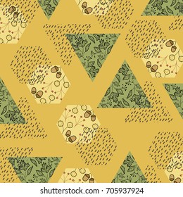 Abstract autumn pattern with fall leaves,forest design elements and rain textured triangles.Geometric,vintage background.For textile,fabric,wallpaper,poster and web page design.Vector illustration. 