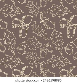 Abstract autumn pattern with oak leaves and nuts. Vector oak leaves and acorns drawn with lines. Autumn background for fabric, decoration, banners, discounts and congratulations.